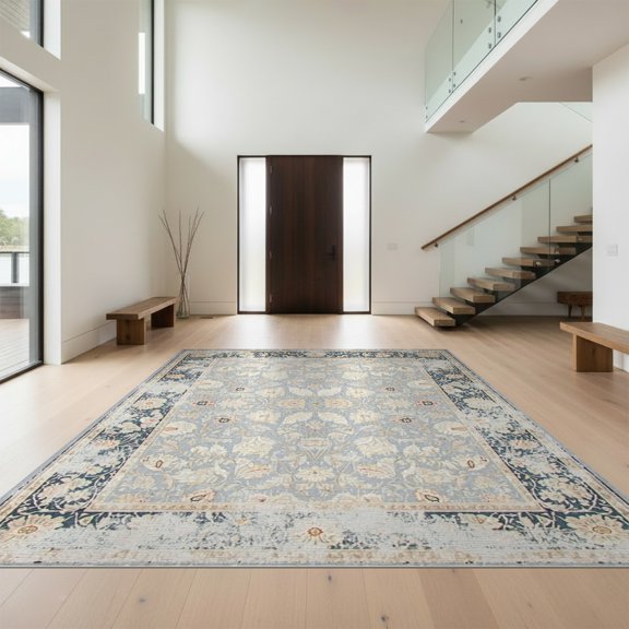Design&I 8'x10' Washable Area Rug Beige Vintage Distressed Latticework Scroll Frame Border Boho for Dining Room, Large Office, Lounge, Snag-Free