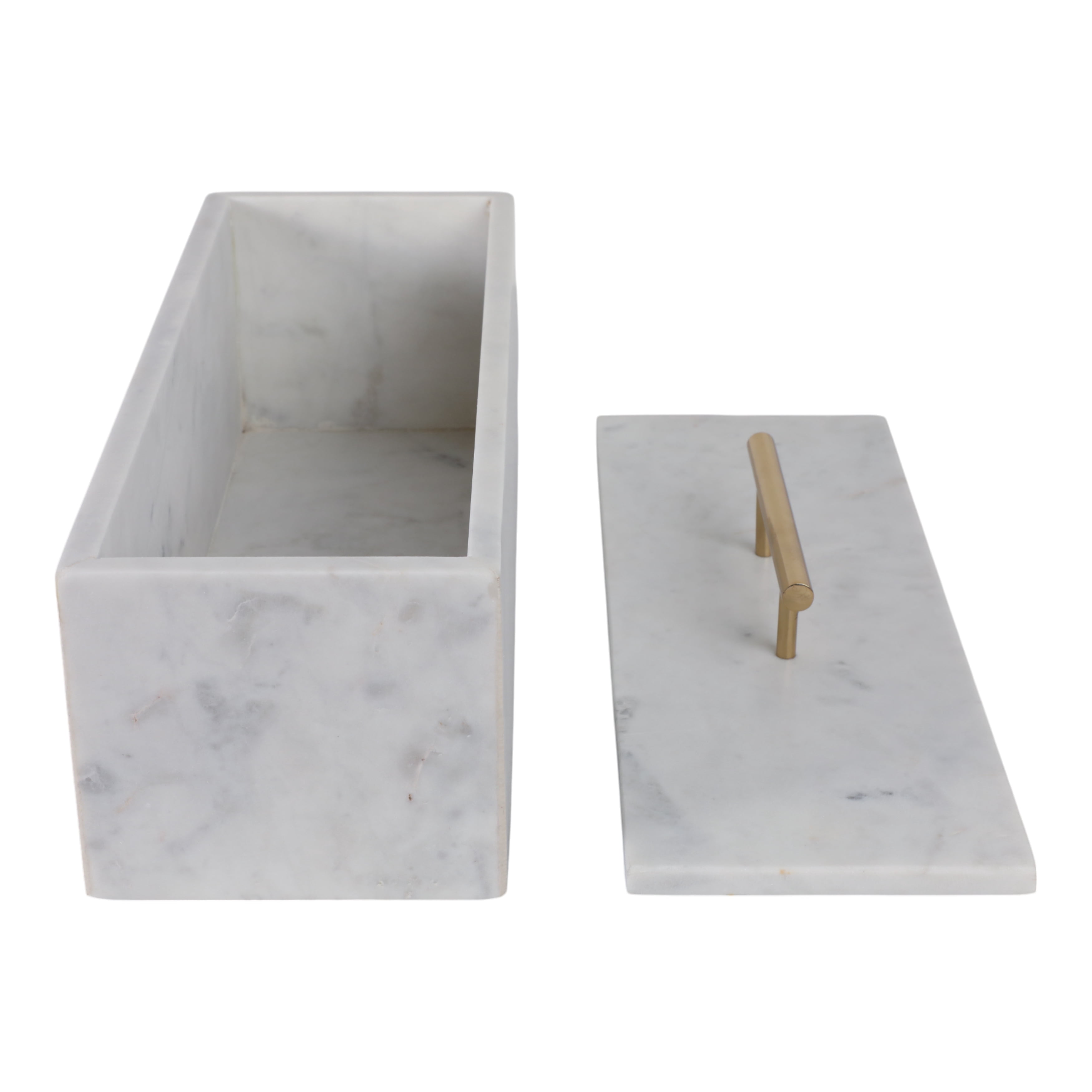 Decorative Marble Rectangular Box with Handle for Home Decor - Modern Organizer for Jewelry and Keepsake Storage - Decor Box for Bedroom, Living Room, and Shelf Accent - 8", White & Gold