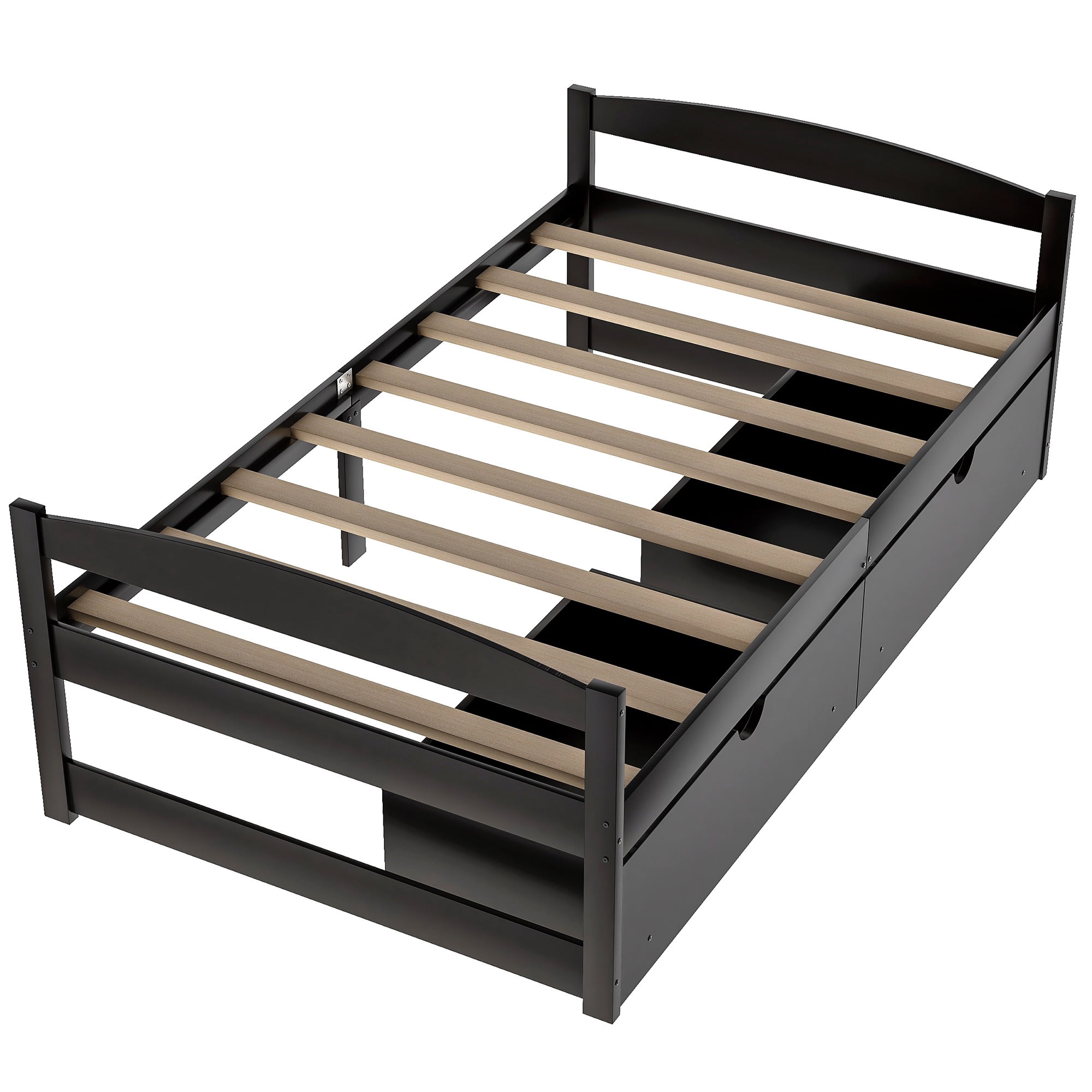 PORKISS Twin Bed Frame with 2 Storage Drawers, Espresso Twin Size Platform Bed with Wood Slat Support, No Box Spring Needed, Wood Bed Frame for Kids, Teens, Guest Room