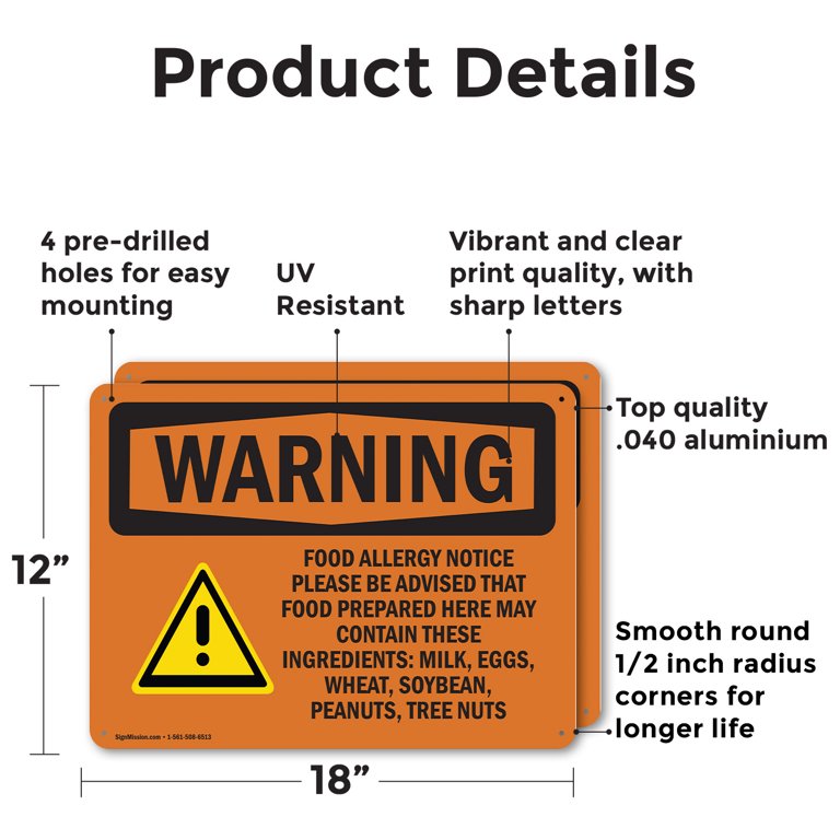 2 Pack) Food Allergy Notice Please Be With Symbol OSHA Warning Sign 18 Inch X 12 Inch Indoor / Outdoor Rust-Free Aluminum Metal Signs for Workplace, Workshop, and Construction Site, - Walmart.com for Free Printable Food Safety Signs