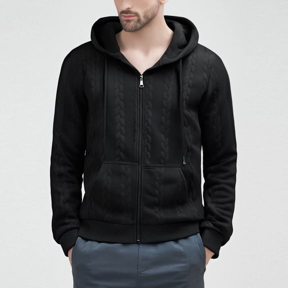 Donemore Men's Solid Color Jacquard Drawstring Zippered Pockets Long Sleeve Hooded Jacket Coat Casual Stylish Design Comfortable Versatile Daily Wear