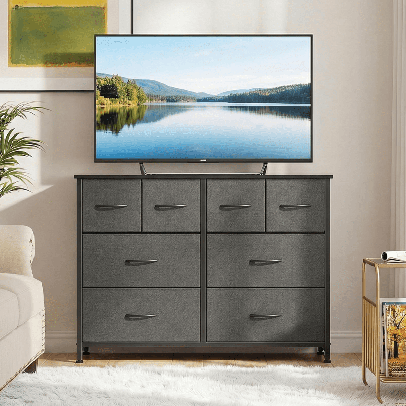 Kelno 8 Drawers Fabric Dresser Wide Wood Top Cabinet Storage Tower Metal Frame Clothes Organizer for Bedroom Living Room,Grey