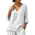 thumbnail image 2 of Qzwdhjm Linen 3/4 Sleeve Tops for Women V Neck Loose Fit Shirts with Frayed Hem Summer Fall Casual Blouses for Dailywear, 2 of 8