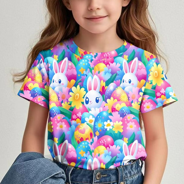 Amzcrzy Tenue de Pâques pour Garçons et Filles 3-14 Ans T-Shirts Unisexes à Col Rond Imprimé Mode Décontracté Été Manches Courtes Hauts pour Filles Garçons