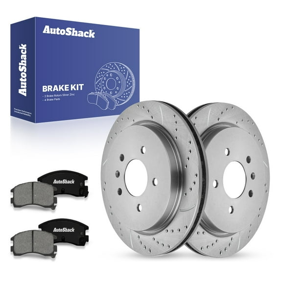 AutoShack 11.73" (298 mm) Rear Vented Drilled & Slotted Brake Rotors Coated   Premium Ceramic Brake Pads | Replacement for Cadillac Seville | Silver Zinc Coated | 6-PC Brake Kit | SilverShield Pro