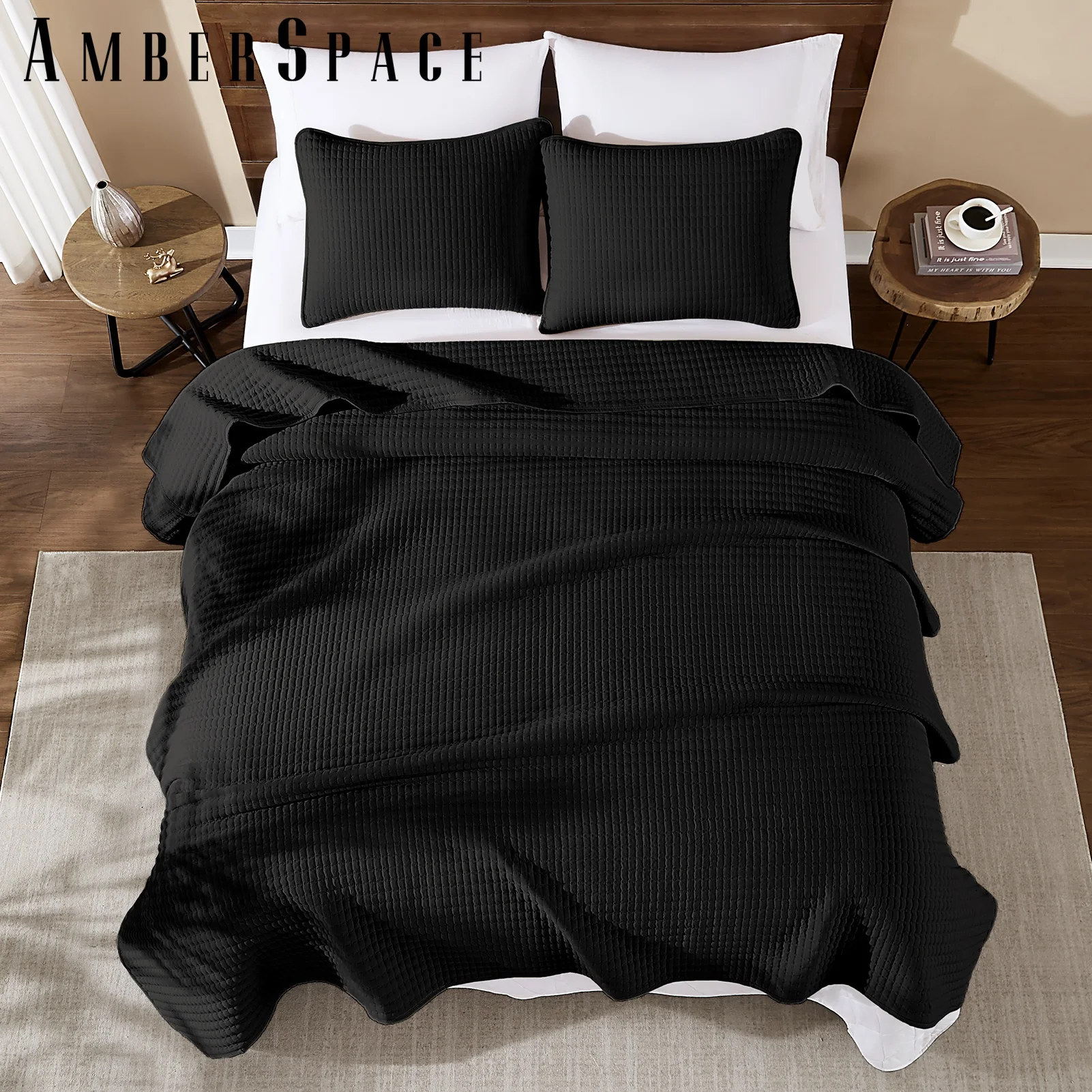 Amberspace Lightweight 3-Piece Bed in a Bag Quilt Set with Pillow Shams,Black,Queen
