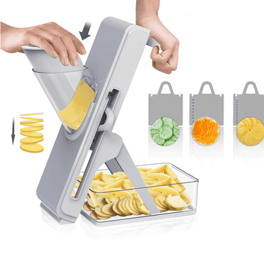 FAKYFJ  Safe Mandoline Slicer, Adjustable Vegetable Cutter with Safety Design and Storage Box, 3 Blades for Slicing, Julienne, and Dicing, Essential Kitchen Tool