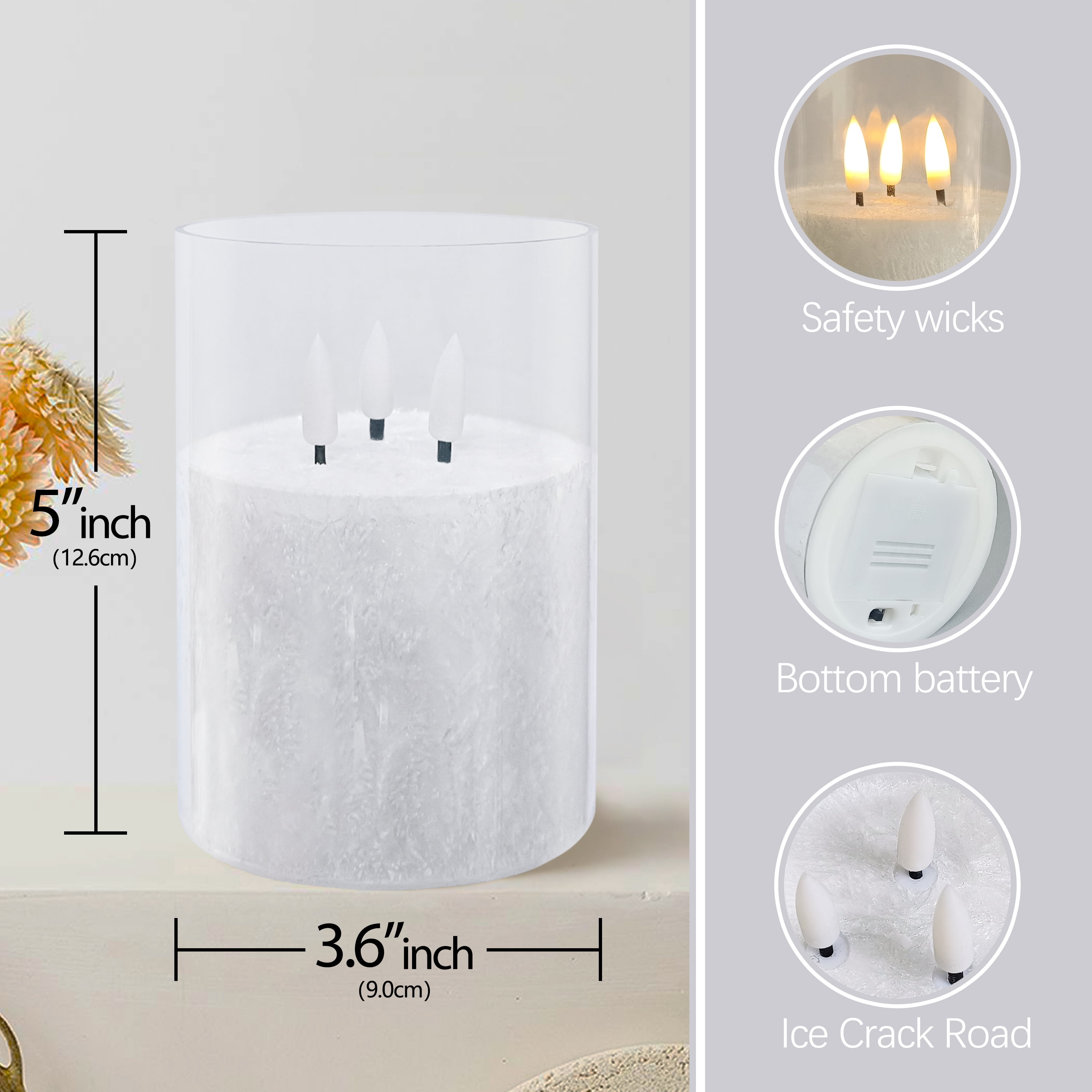 FCMSHAMD 5Inch Flameless Candle with 3 Wicks, Glass LED Pillar Candle, Real Wax Battery Operated Candle with Remote Control and Timer, White