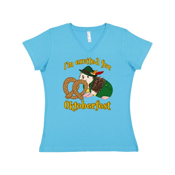 Inktastic I'm Excited for Oktoberfest with Cute Hedgehog Women's V-Neck T-Shirt