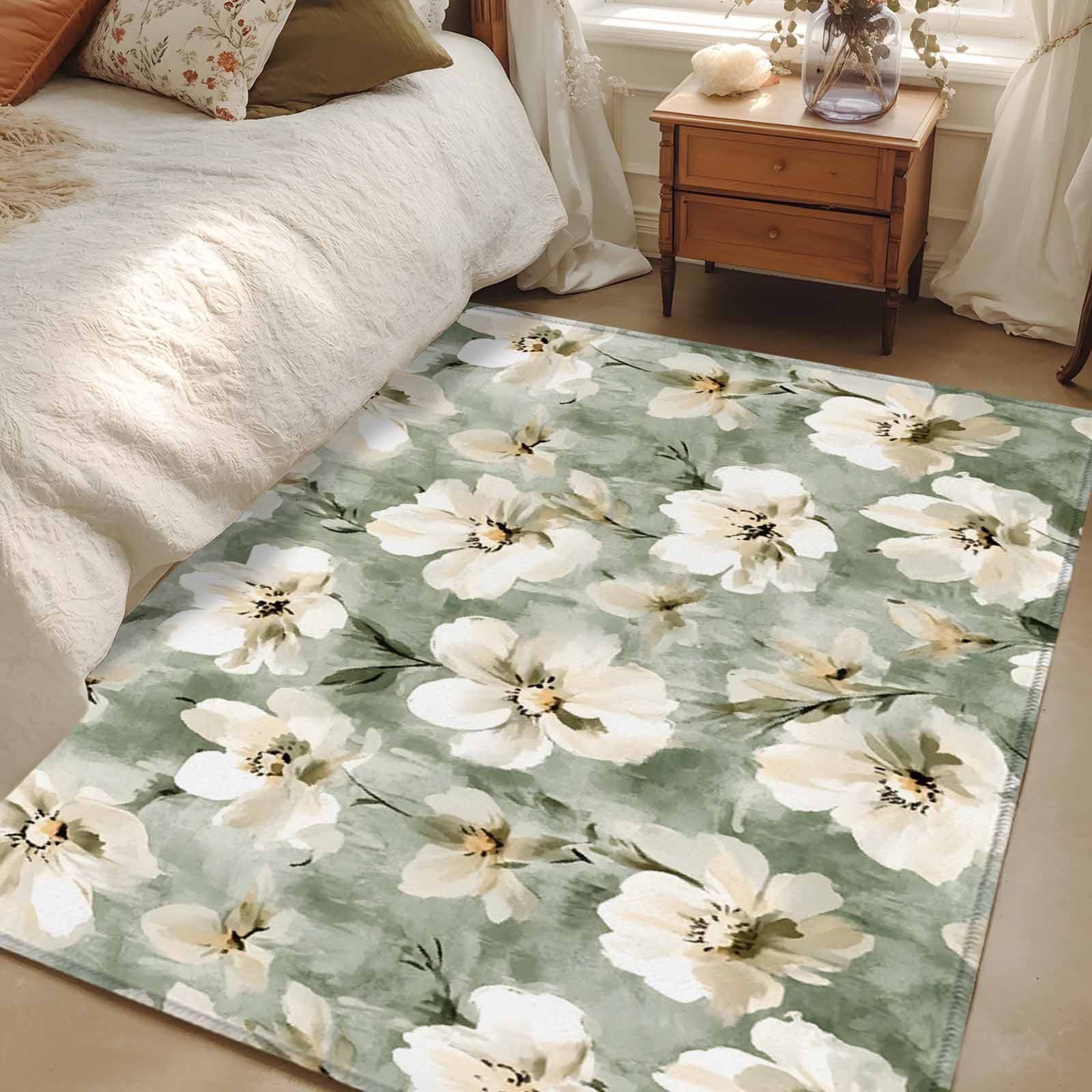 3'x5' Area Rugs, Sage Green Spring Floral Indoor Outdoor Area Rug for Living Room Bedroom, Summer Botanical Flowers Washable Bathroom Rugs Kitchen Floor Carpet Mats Home Decor Aesthetic