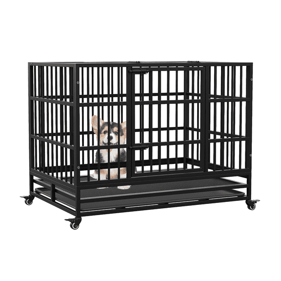 37 Inches Folding Dog Crate with Wheels, Heavy Duty Metal Dog Kennel with Double Door and Removable Tray, Indoor Pet House for Small, Medium and Large Breed