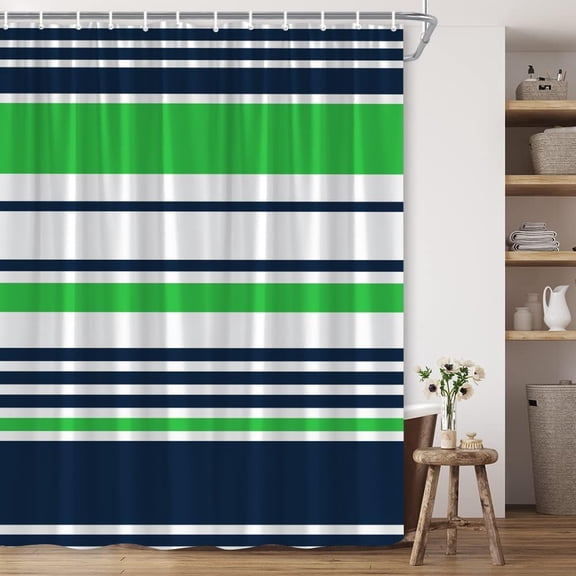 Navy Blue Green White Striped Shower Curtain Stripes Geometric Abstract Artistic Modern Fashion Polyester Fabric Bathroom Decor with Hook-72"W x 78"L (Pack of 1)
