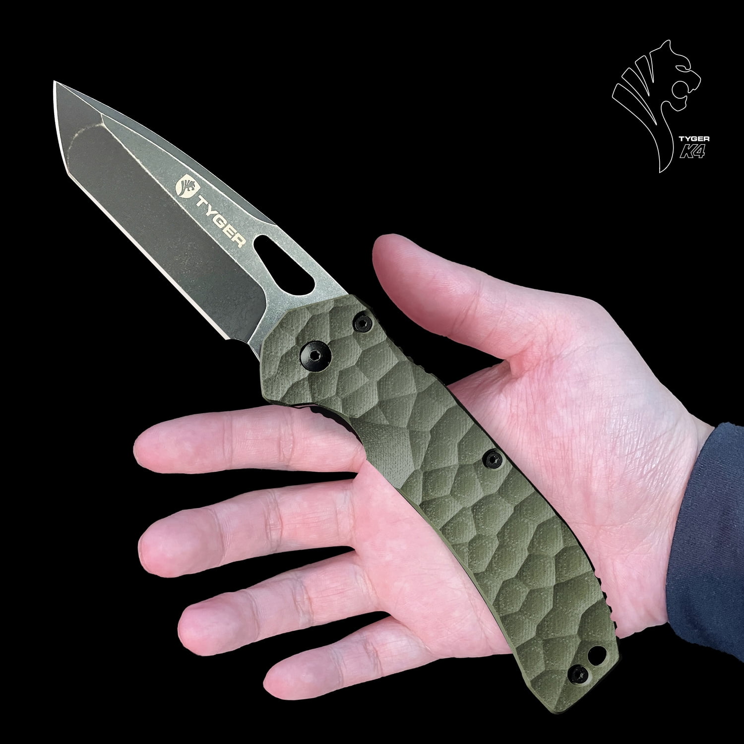 Tyger K4 EDC Folding Pocket Knife | Stone-washed AUS-8 Steel Blade with Black Titanium Ion Carbide Coating | Green G-10 Handle | TG-KF7A2368