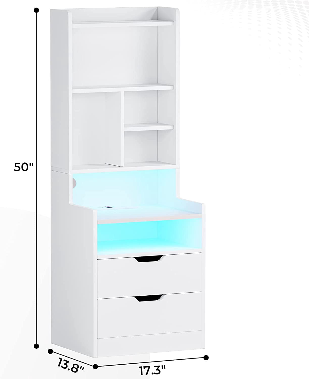 Toogaho White Tall Nightstand with Charging Station and LED Lights, LED Nightstand with Bookshelf, Bedside Table with Shelves and 2 Drawers, Tall End Side Table with USB Ports and Outlets