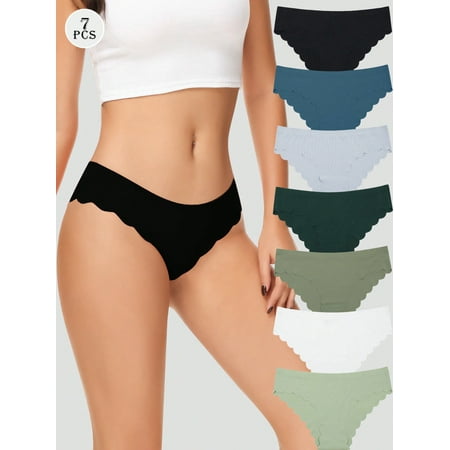 7 Pcs Seamless No-Show Ice Silk Bikini Panties For Women - Breathable  Invisible  Wavy Sides  Simple Design - Hand Wash  Nylon Material  Solid Color  Knit Fabric