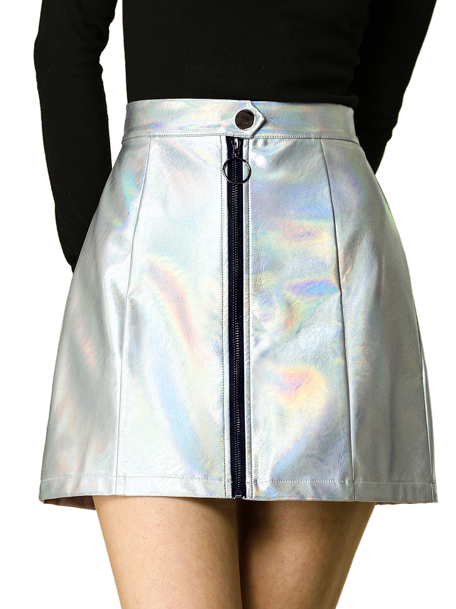 Allegra K Women's Metallic Zipper Front High Waist Holographic Mini Short Skirt - image 3 of 8