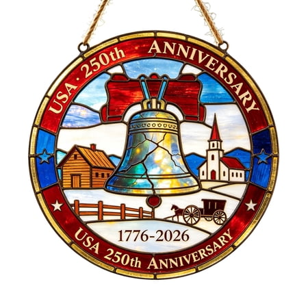 Tiffany Style Historic Village Liberty Bell Patriotic Suncatcher, Round Acrylic Wall Hanging Ornament For Rustic Farmhouse Vintage National Holiday Indoor Furnishing
