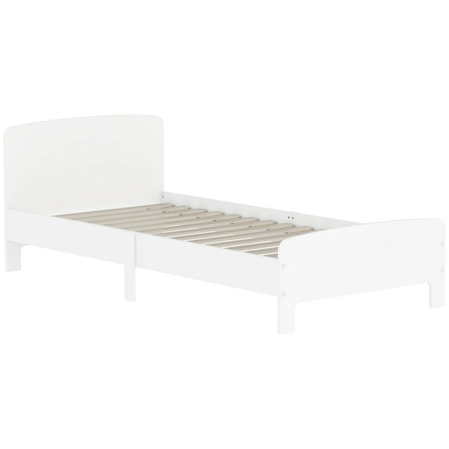 Qaba Cadre de Lit, Mobilier de Lit pour Filles et Garçons, Blanc. Ce Cadre de Lit Profil Bas Présente un design Minimaliste Blanc avec des Coins Arrondis et des Bords Lisses pour la Sécurité. Fabriqué en MDF, Comprend une base à Lattes et Supporte jusqu'à 264 Lb (120 kg). Convient aux Enfants de 3 à 12 Ans, Mesure 76,2 Pouces de long, 37,1 Pouces de Large et 27,6 Pouces de Haut, Convient à un Matelas de 74,8 x 35,4 Pouces. Idéal