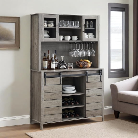 70'' Coffee Wine Bar Storage Cabinet, Farmhouse Kitchen Hutch with Sliding Barn Door, Tall Sideboard Buffet with Bottle Rack, Glass Holder for Dining Room, Home Bar, Gray