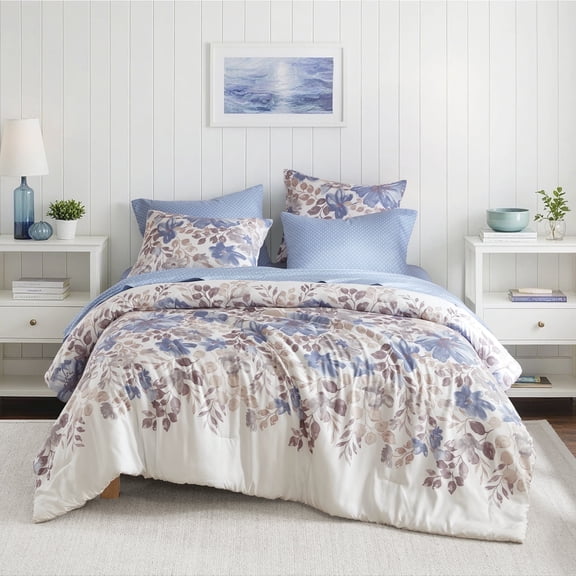 Regency Heights Queen Comforter Set with Sheets, Soft Brushed Bed in A Bag with Diamond Printed Bed Sheets, 7 Piece Bedding Sets with Flat Sheet and Fitted Sheet, Blue