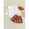 thumbnail image 4 of Bagilaanoe 3Pcs Newborn Baby Girls Fall Clothes Long Sleeve Romper Tops + Plaid A-Line Skirt + Headband 3M 6M 12M 18M Infant Casual Skirt Set, 4 of 9