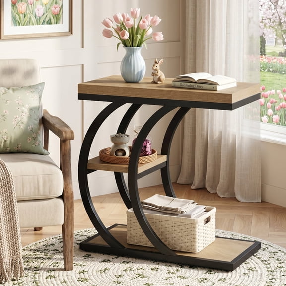 Finmind 3-Tier C-Shaped End Table, Narrow Wood Side Table with Storage for Small Spaces, Natural