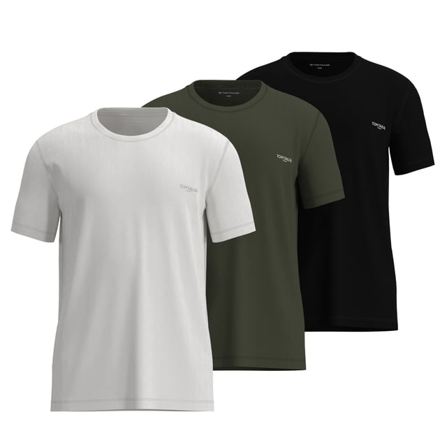 TOM TAILOR Camiseta para hombre, paquete de 3 - Cuello redondo, manga corta, jersey sencillo, algodón, liso Verde XL (X-Large)
