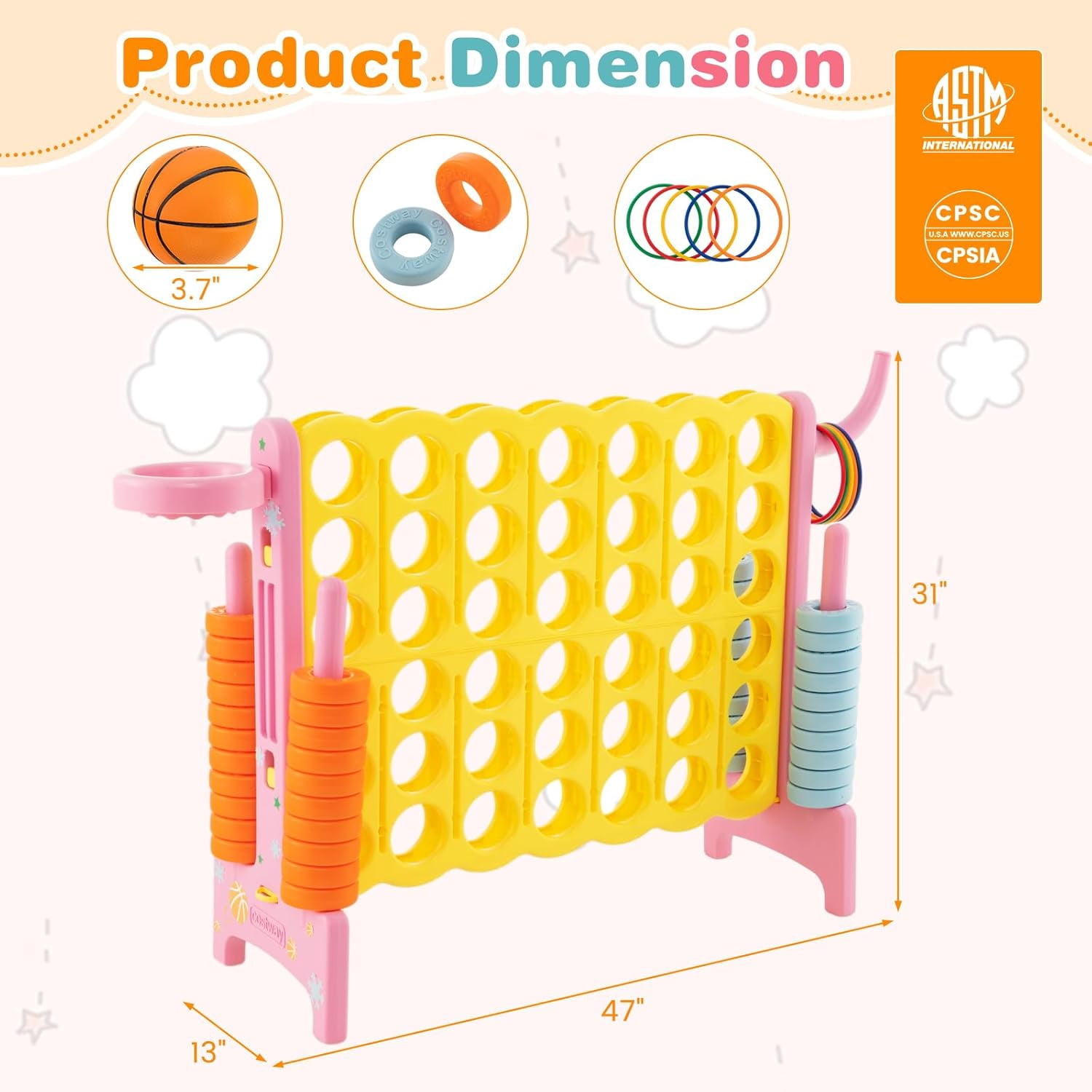 HJTER Jumbo 4-to-Score Giant Game Set for Kids & Adults, 2.5Ft Indoor Outdoor Game with Basketball Hoop, Ring Game, 42 Jumbo Rings, Quick-Release Slider, Perfect for Birth & Holiday Party