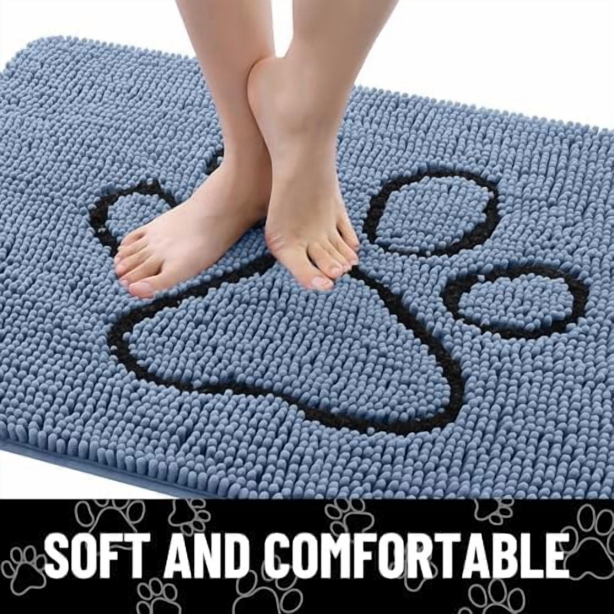Dog Door Mat for Muddy Paws, Absorbent Dirt Trapper Non Slip Quick Dry Washable Chenille Mat for Mud Dogs, Entry Rug for Indoor and Outdoor (36x24 Inches, Airy Blue and Black)
