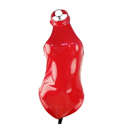 Spentoper Women s Faux Leather Leotard Shiny Zipper Bodycon Lingerie Costume Jumpsuit Red XL