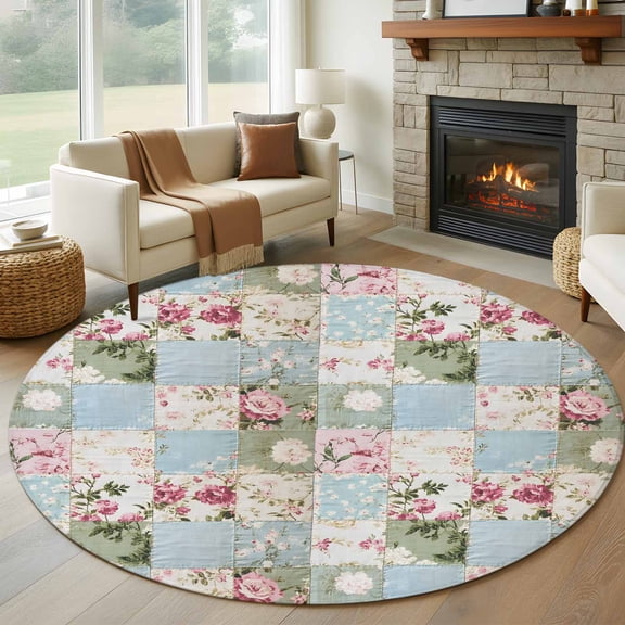 Green Blue Pink Botanical Round Area Rug 7 FT, Non Slip Living Room Area Carpet, Spring Floral Vintage Washable Soft Circular Rug Non-Shedding Floor Carpet for Bedside Office Play Room Classroom