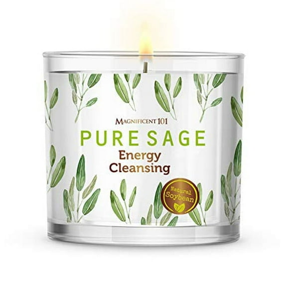Magnificent 101 Pure Sage Aromatherapy Candles –  14 Oz - 56 Hour Burn| Soy Wax Glass Candle for Energy Cleansing, Purification, Manifestation, & Chakra Healing