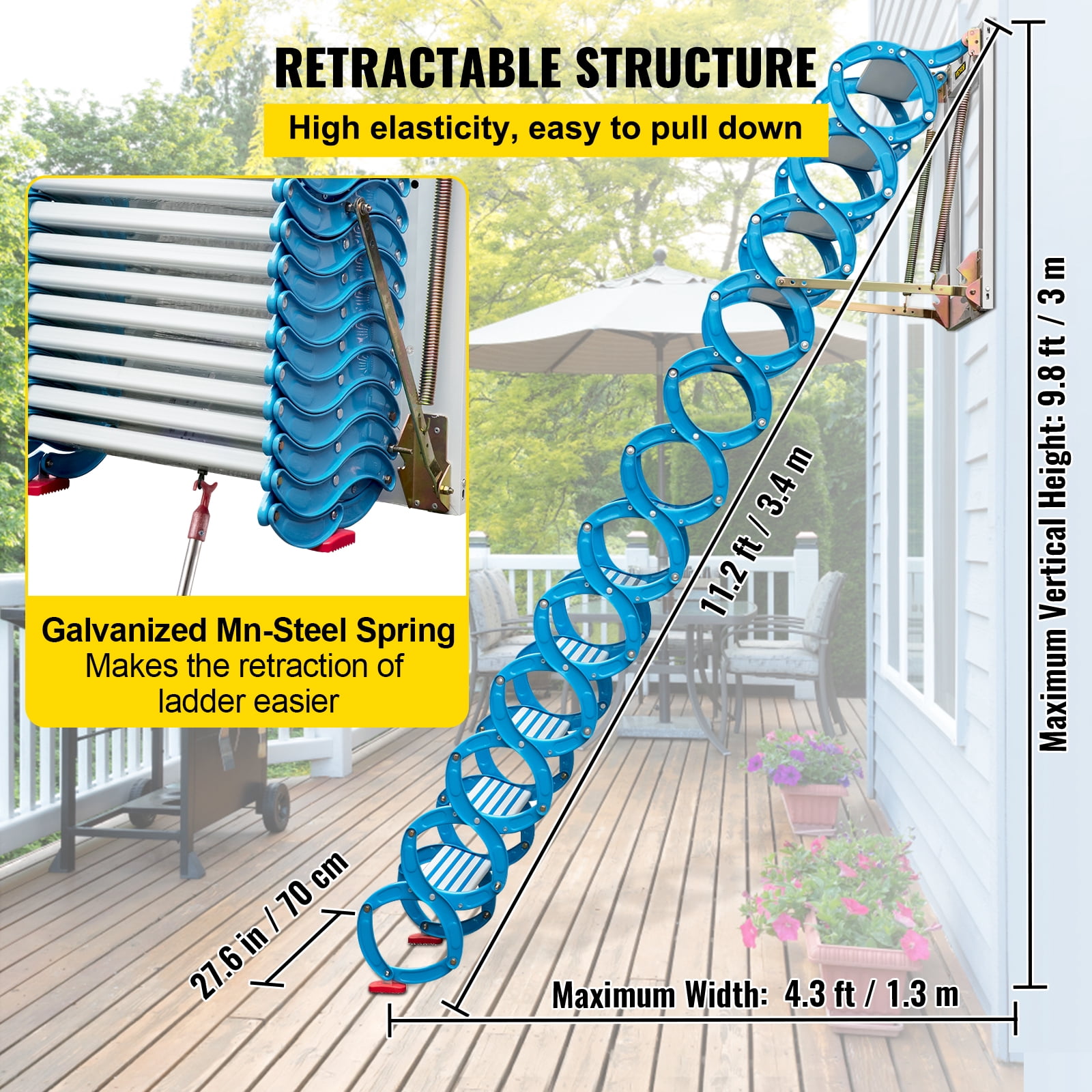 BENTISM Retractable 12 Steps Pulldown Attic Stairs Folding Loft Ladder, 19.7 x 5.5 in, Mg-Al Alloy, Blue