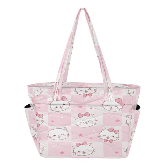 Quilted Tote Bag Large Capacity Multi-Compartment Handbag Cute Cat Checkerboard Pattern Lightweight Structured Shoulder Bag Versatile Casual Bag