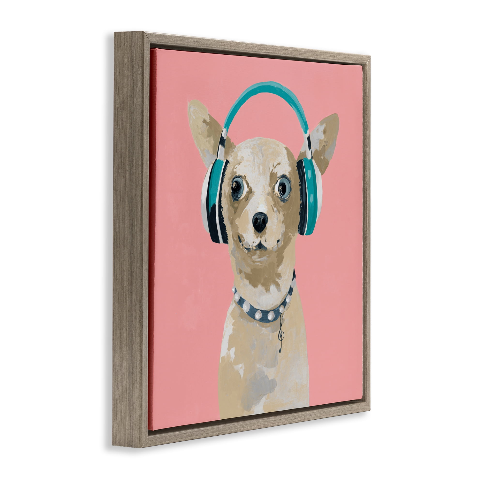 Stupell Industries Jammin' Pup on Pink Brown Framed Floater Canvas Wall Art, design by Lorenzo Collective