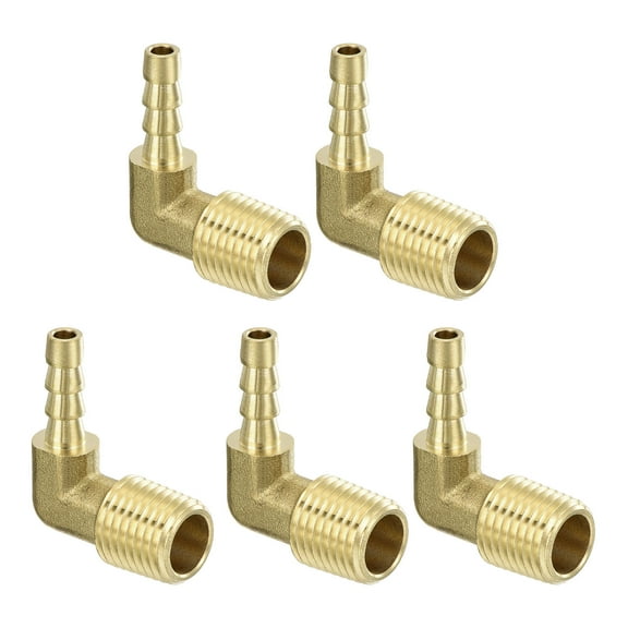 Brass Hose Barbed Elbow Fitting, 5 Pack 3/16" Barbx1/4" NPT Male 90 Degree