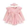 thumbnail image 1 of YOUSNH Barboteuse à Manches Longues à Fleurs pour Filles, Justaucorps en Dentelle, Robe, Ensemble avec Bandeaux, Justaucorps pour Filles, Rouge, 0-3 Mois, 1 of 7