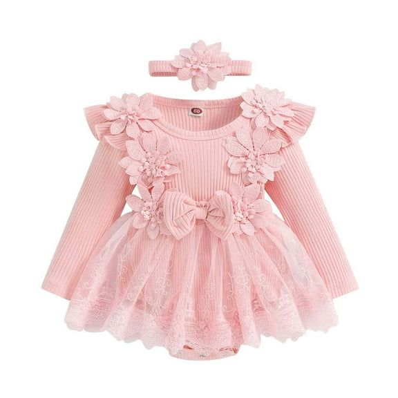 Huowey Girls Long Sleeve Floral Romper Lace Bodysuits Dress Headbands Set Classic Dailywear, 9-12 Months