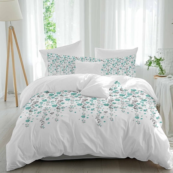 3 Piece Weeping Flowers Duvet Cover Set Queen Size,Microfiber Comforter/Quilt Cover with Corner Ties and 2 Pillowcases,Teal Grey Summer Spring Floral Botanical Art Soft Bedding with Zipper Closure