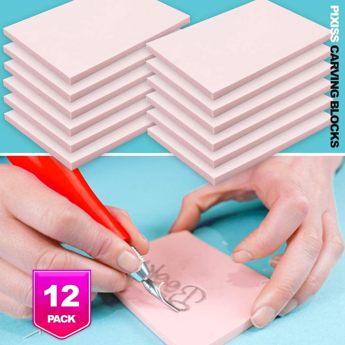 Incraftables Rubber Stamp Kit 5-Pack Linoleum Block Kit w/ Cutting Blades Tools 6pcs Block Printing Kit (6in x 4in x ¼ in) Pink