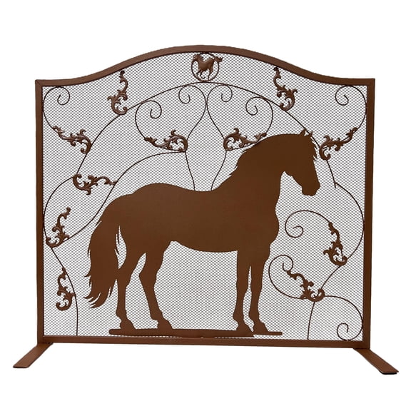 Single Panel Fireplace Screen Decorative with Long-Tailed Horse Detail - Stand Alone Fireplace Cover Metal Mesh Screen - Home Decor Firescreen for Cabin, Lodge, and Western Country Style