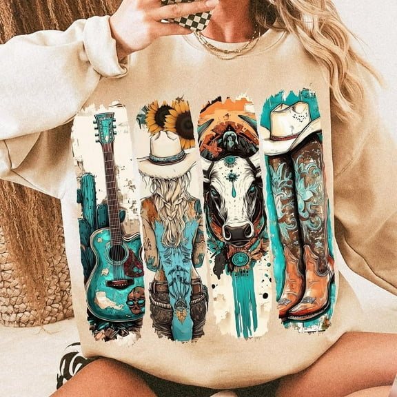 Western Cowgirl Sweatshirt, Cowboy Boots Shirt, Cowprint Pullover, Western Turquoise Shirt, Sunflower Top, Trendy Country Shirt