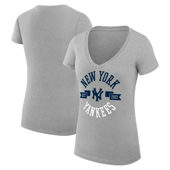 Women's G-III 4Her by Carl Banks Heather Gray New York Yankees Super-Slim Fit Lightweight City Graphic V-Neck T-Shirt