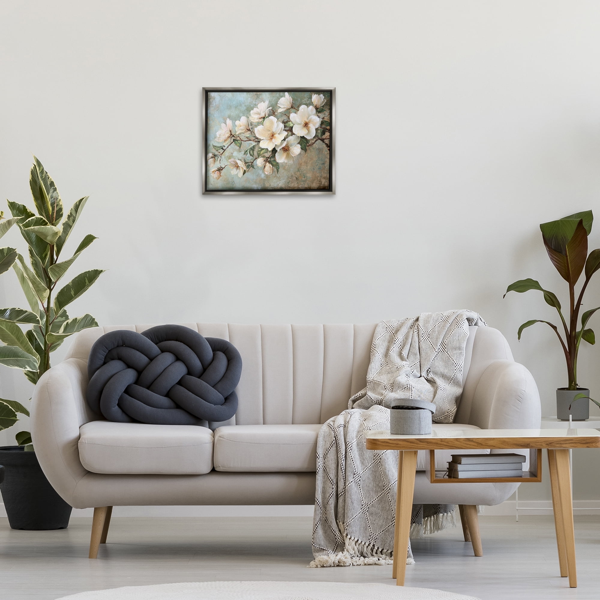Stupell Industries In Bloom Flower Branch Plants & Flowers Painting Gray Floater Framed Canvas Art Print Wall Art, 21 x 17
