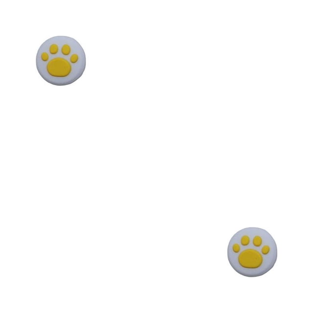 cateissary tapas de empuñaduras para pulgar cómodas antideslizantes con forma de pata de gato cubierta de palanca de mando accesorio de type1 no1 par, dos cubiertas circulares blancas con huella de gato en relieve amarilla en primer plano sobre fondo blanco; aptas como accesorio decorativo y de agarre para palancas de mando.