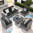 thumbnail image 2 of ELPOSUN Outdoor Sectional Furniture Set 6-Piece Gray Rattan Wicker Conversation Sofa Set with Glass Top Table and Thick Cushion,Black Cushions, 2 of 8