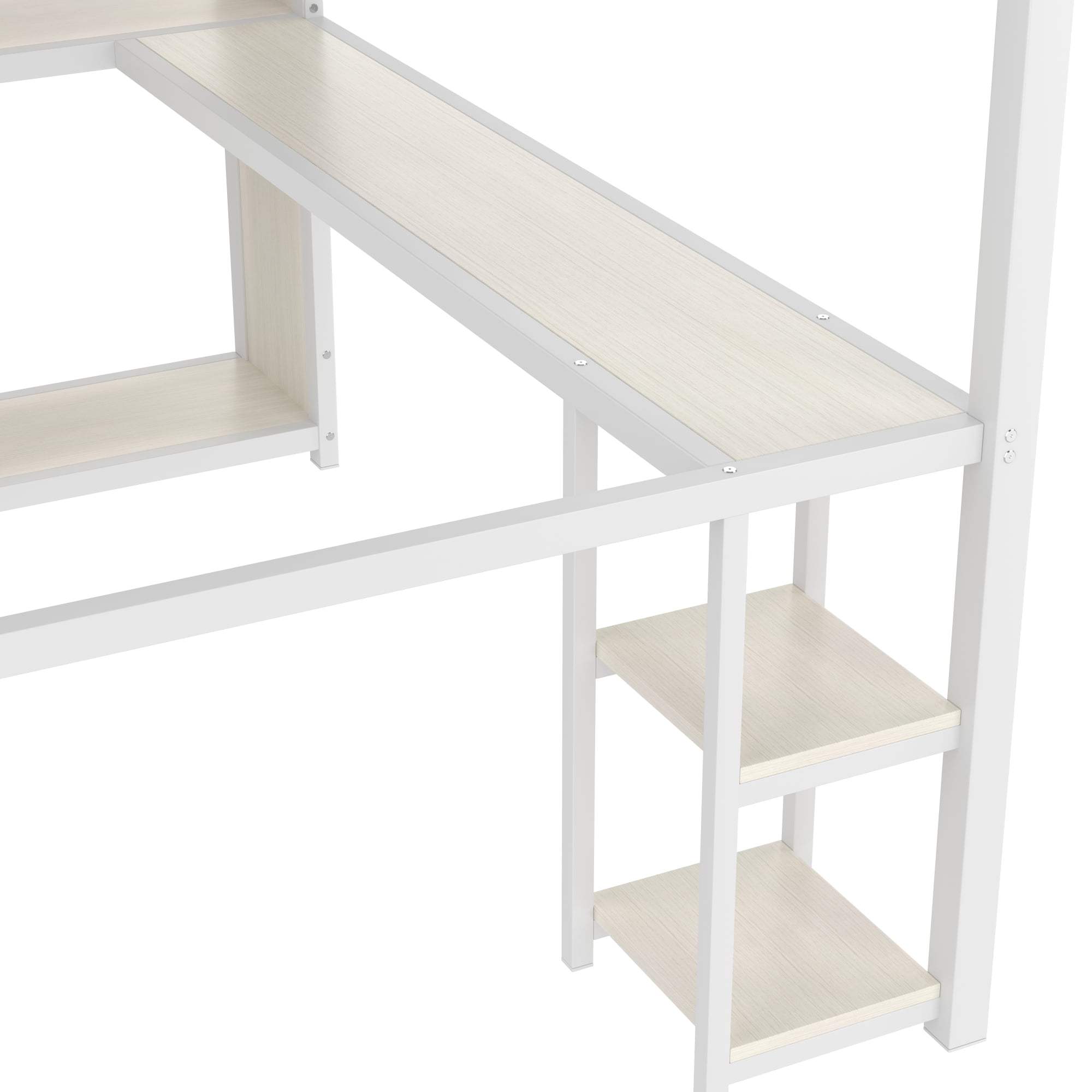 Leumius Full Size Metal Loft Bed with Built-in Wardrobe,Heavy Duty Loft Bed Frame with Desk and Storage Shelves,Space-Saving,White