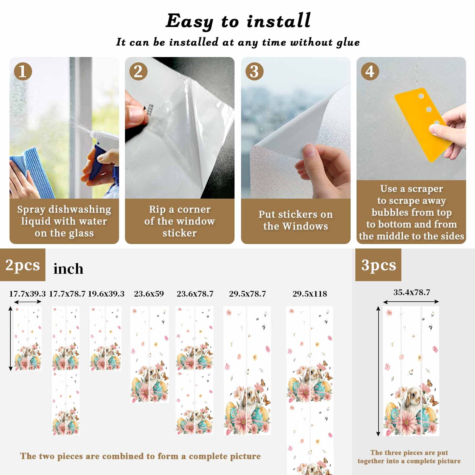Easter Rabbit Window Privacy Film, Watercolor Bunny Eggs Pink Floral Butterfly Frosted Glass Window Clings Static Cling UV Heat Blocking Reusable Door Sticker for Bathroom 23.6 x 59 Inch