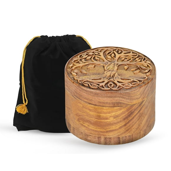 Petites Urnes en Bois pour Cendres Humaines - Forme Ronde Décorative avec un Magnifique Arbre de Vie Souvenir Commémoratif Mini Urne