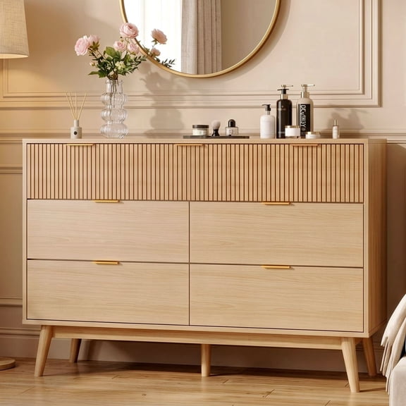 RichYa Fluted 7 Drawer Dresser for Bedroom,Chest of Drawers with Metal Handle,Wooden TV Stand for Living Room,Natural Oak